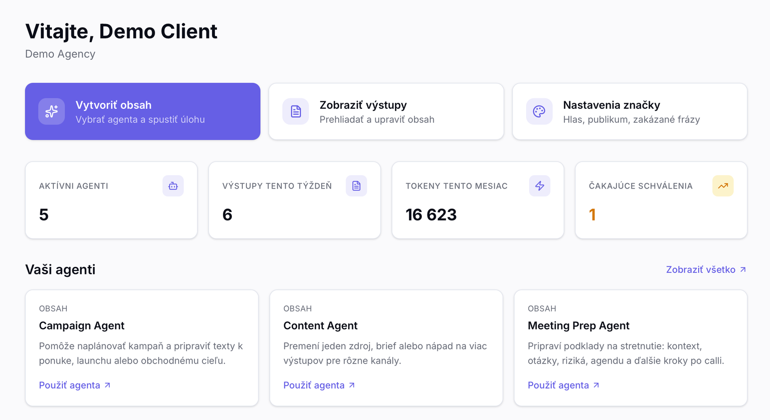 Dashboard s prehľadom agentov